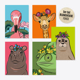 Flower Animals – Set of 5 Postcards – FGNCS – Flamingo, Goose, Rhinoceros, Chameleon, Polpo